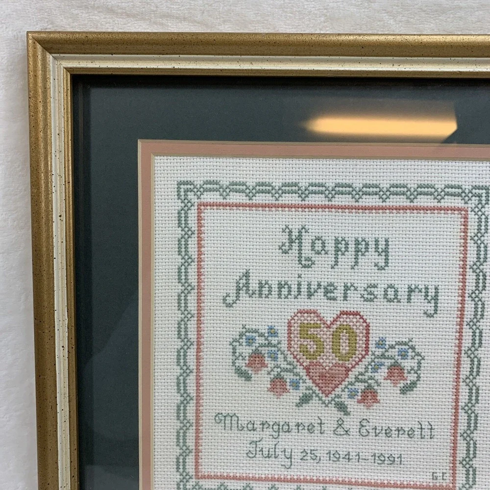 Vtg Framed Completed Cross Stitch 50th Happy Anniversary Floral Heart 12